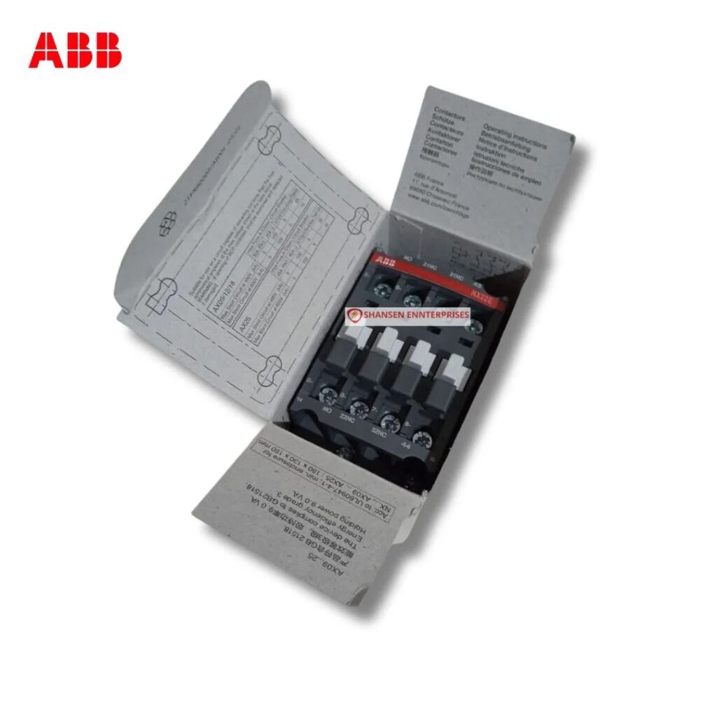 ABB NX22E-80 4-pole contactor relay in opened ABB box with Shansen Enterprises watermark