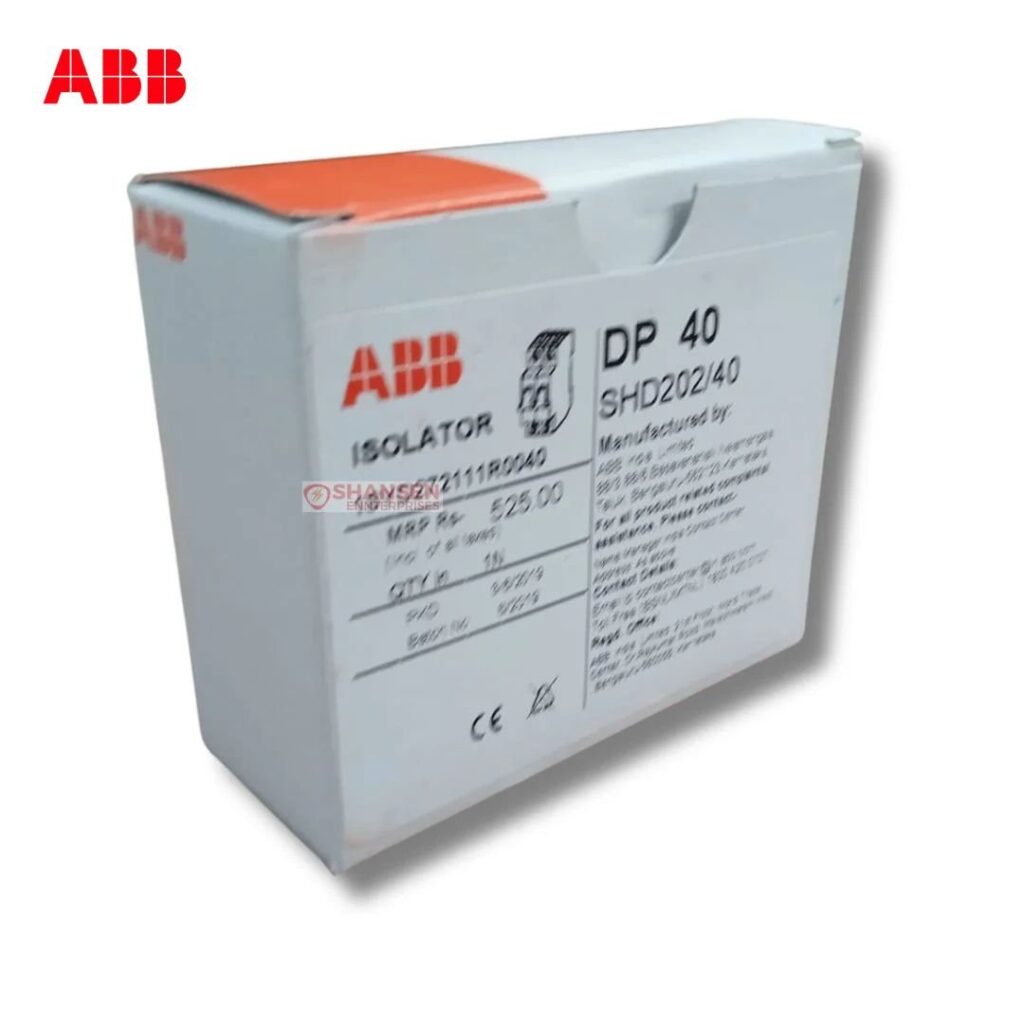 Boxed ABB SHD202/40 DP40 2P 40A switch disconnector packaging — product box for ABB isolator sold by Shansen Enterprises