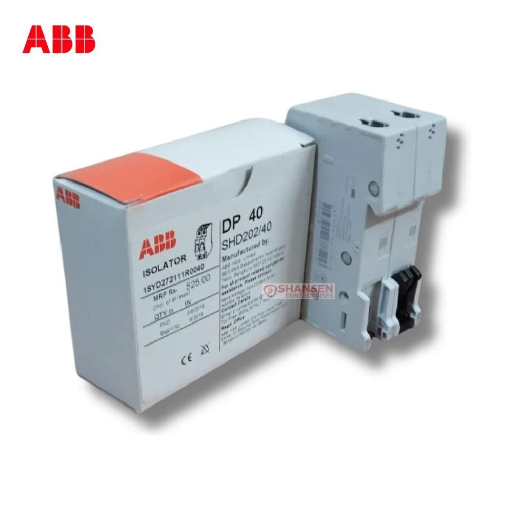 ABB SHD202/40 DP40 2P 40A switch disconnector shown with original packaging — compact 2-pole isolator for industrial and commercial panels by Shansen Enterprises