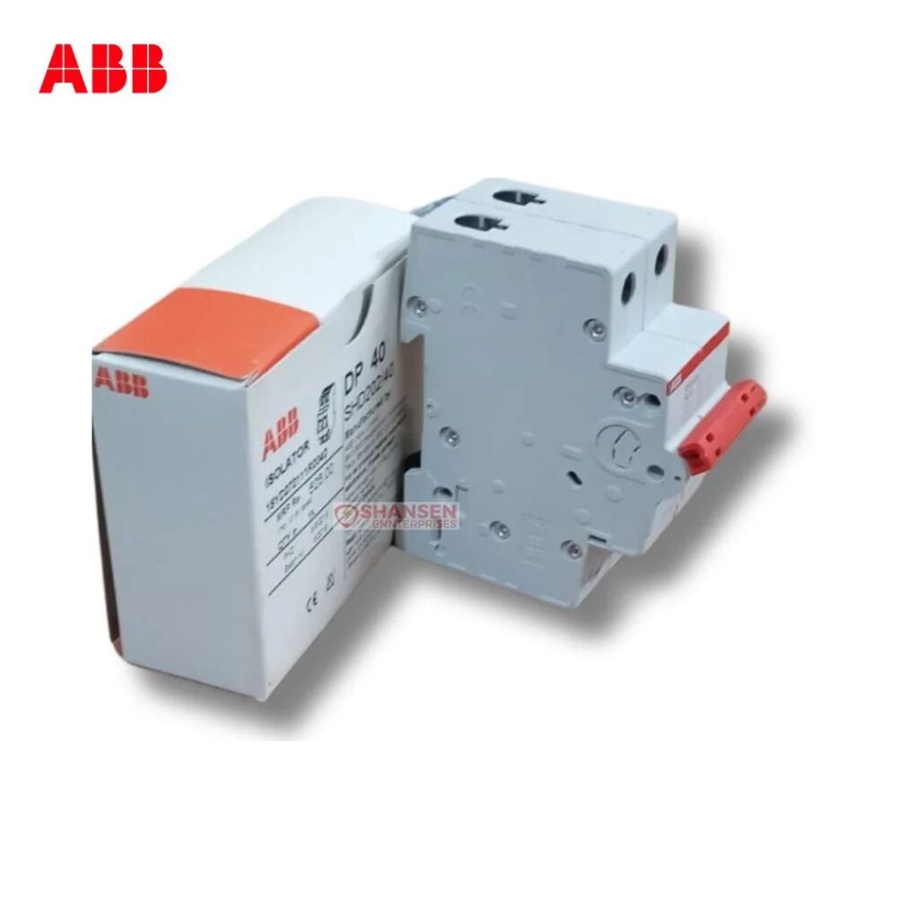 ABB SHD202/40 2P 40A switch disconnector side view with original box — red toggle actuator and screw terminals by Shansen Enterprises