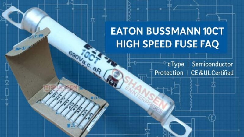 Eaton Bussmann 10CT 10A high speed aR fuse on blueprint background with open box — FAQ banner for Shansen Enterprises