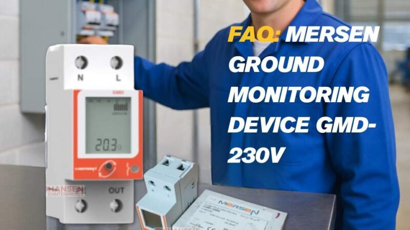 FAQ image – Mersen GMD-230V ground monitoring device and packaging on steel bench with electrician in blue uniform; DIN-rail grounding monitor for continuous earth integrity checks