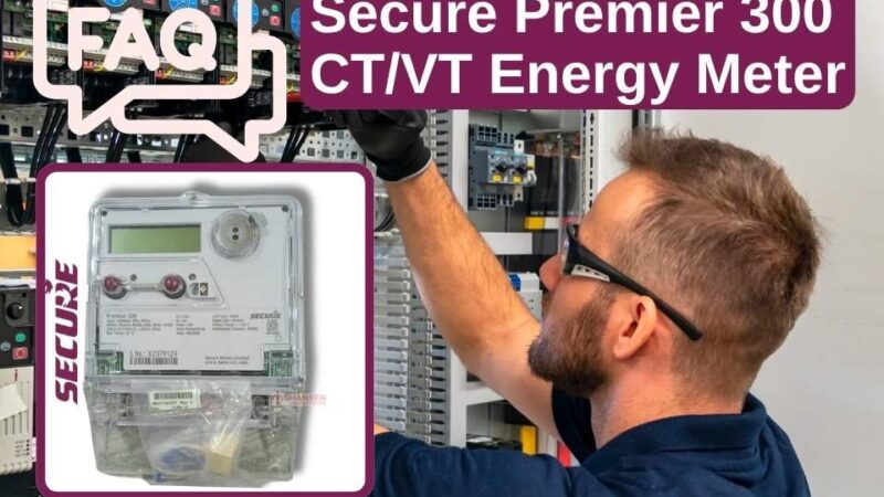 FAQ graphic for Secure Premier 300 CT/VT three-phase energy meter showing an electrician working on a control panel and a product photo of the meter