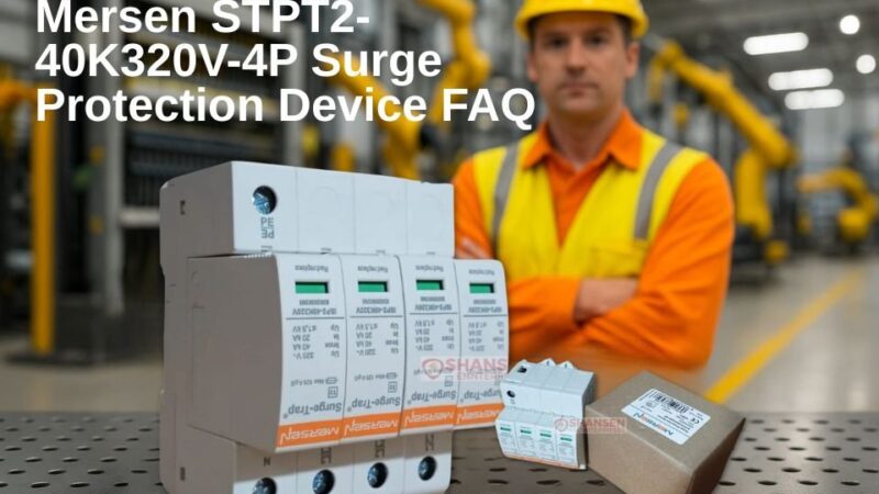 FAQ featured image: Mersen STPT2-40K320V-4P surge protection device on steel bench with electrician in bright safety uniform in industrial background