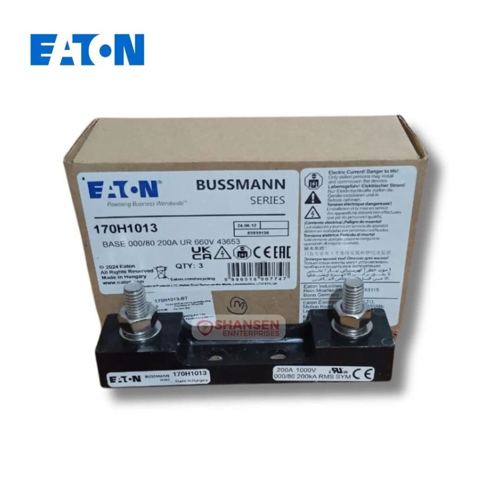 Eaton Bussmann 170H1013 high speed fuse base 200A 690V with original box, fixed 80mm centre distance fuse holder, made in Hungary, available at Shansen Enterprises India