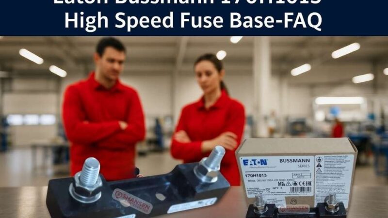 Eaton Bussmann 170H1013 high speed fuse base on steel table with male and female technicians in red uniform in background, bright industrial workshop, Eaton Bussmann 170H1013 High Speed Fuse Base FAQ text at top