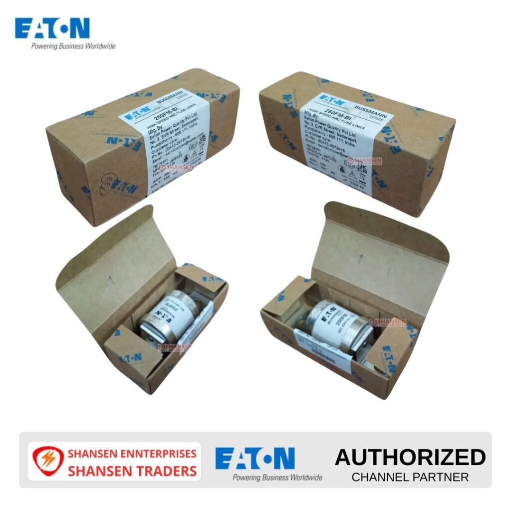 Eaton Bussmann 250FM 250A 690V high-speed fuse with original box and Shansen Enterprises authorized partner badge