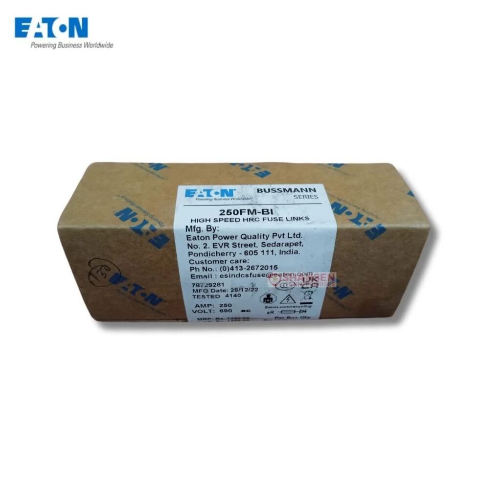 Eaton Bussmann Series 250FM-BI High Speed HRC Fuse Links packaging — manufactured by Eaton Power Quality Pvt Ltd, India. Industrial-grade 250A fuse supplied by Shansen Enterprises