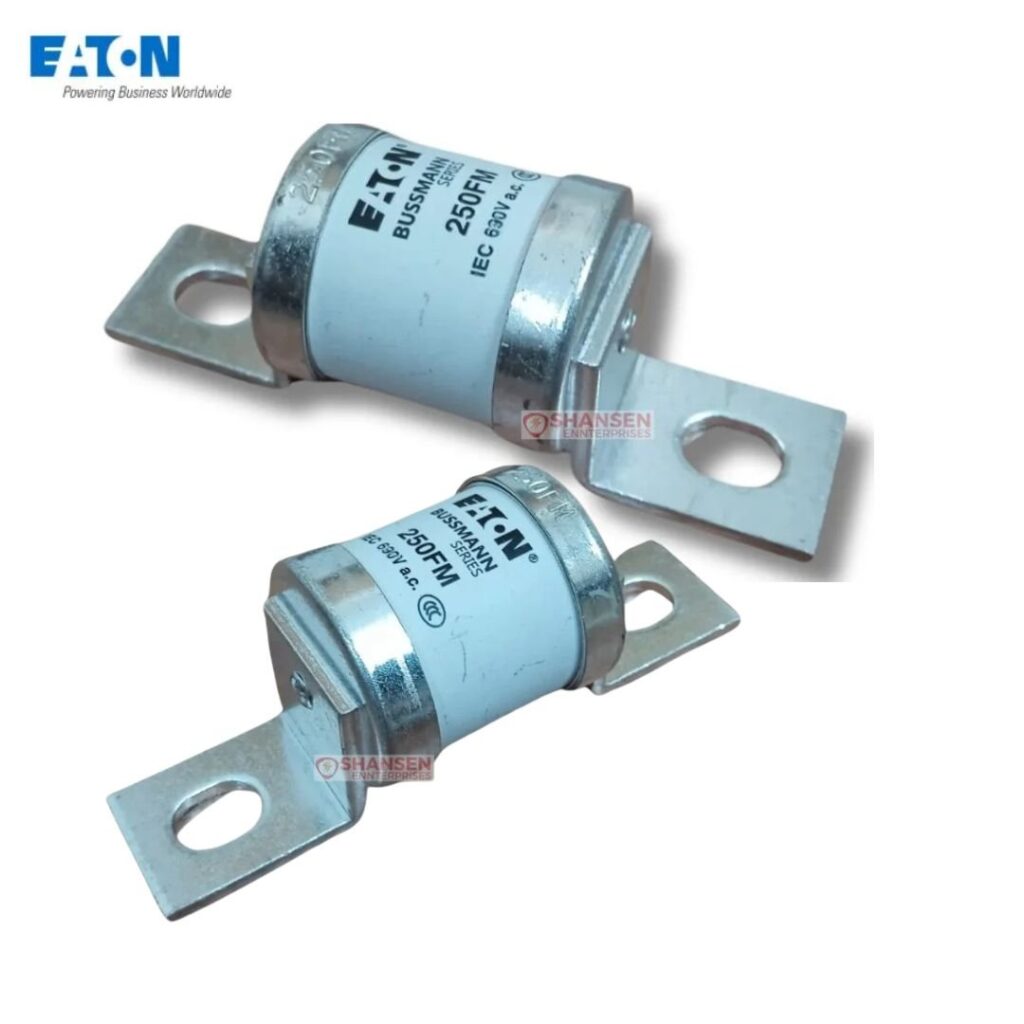 Eaton Bussmann 250FM pair (250A, 690V) close-up — high-speed HRC fuses for semiconductor and industrial power protection (Shansen Enterprises)