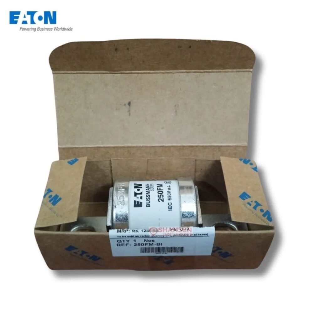 Eaton Bussmann 250FM high speed fuse 250A 690V shown in original open box packaging — industrial-grade aR class HRC fuse supplied by Shansen Enterprises, India