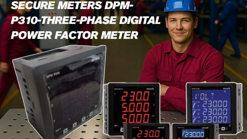 Industrial banner showing Secure Meters DPM-P310 three-phase digital panel meter with additional models from the DPM series displayed on a workbench